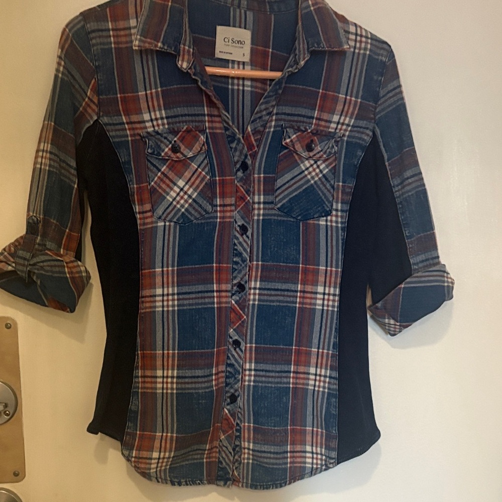 Ci Sono Navy and Rust Plaid  Women Shirt with Black Side Panels, Size Small